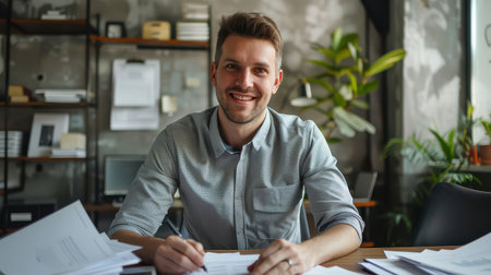 Smiling portrait of a young man in a business shirtの素材
