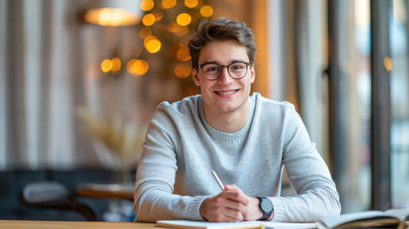 Young man with glasses smiling while at workの素材