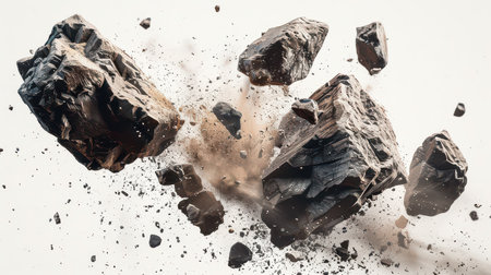 Stones in motion on a white backdrop featuring a rock and stone effectの素材