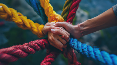 Diverse team using a rope to demonstrate strength and collaborationの素材