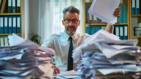 Businessman under stress holding a stack of documents and paperworkの素材