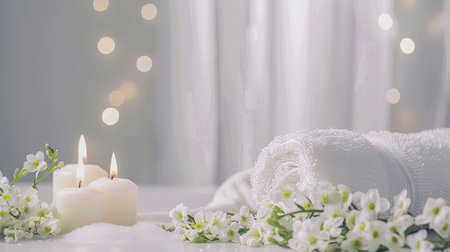 White bathroom backdrop featuring a towel in a luxurious spa environmentの素材