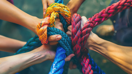 Diverse team using a rope to demonstrate strength and collaborationの素材