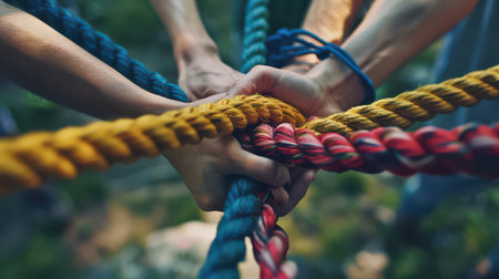 Diverse team using a rope to demonstrate strength and collaborationの素材