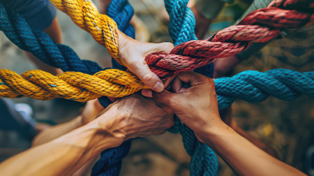 Diverse team using a rope to demonstrate strength and collaborationの素材