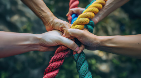Diverse team using a rope to demonstrate strength and collaborationの素材