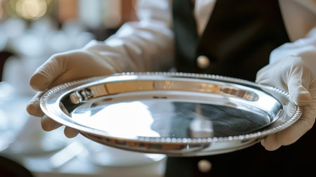 Waiter with a tray and plate, ready to serveの素材