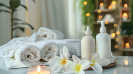 White bathroom backdrop featuring a towel in a luxurious spa environmentの素材