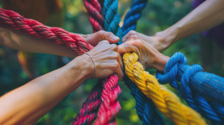 Diverse team using a rope to demonstrate strength and collaborationの素材