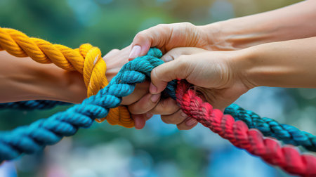 Diverse team using a rope to demonstrate strength and collaborationの素材