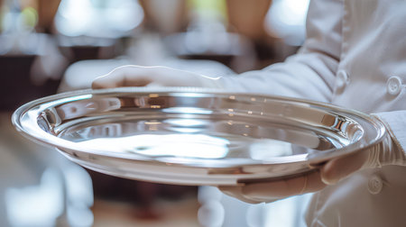 Waiter with a tray and plate, ready to serveの素材