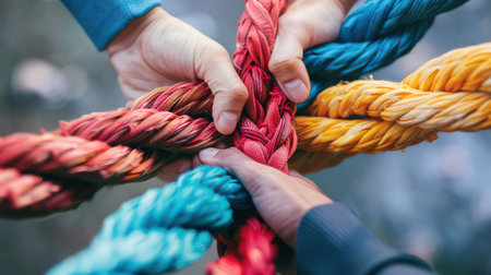 Diverse team using a rope to demonstrate strength and collaborationの素材