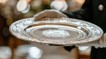 Waiter with a tray and plate, ready to serveの素材