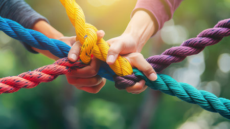 Diverse team using a rope to demonstrate strength and collaborationの素材