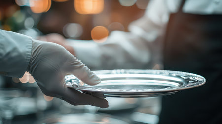 Waiter with a tray and plate, ready to serveの素材