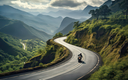 Touring Motorcycle Navigating a Winding Mountain Routeの素材