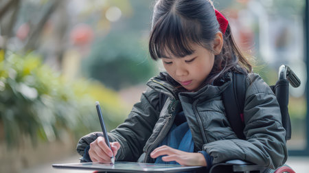 Asian girl with disability in wheelchair creating a drawingの素材