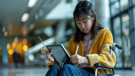 Asian girl with disability in wheelchair creating a drawingの素材