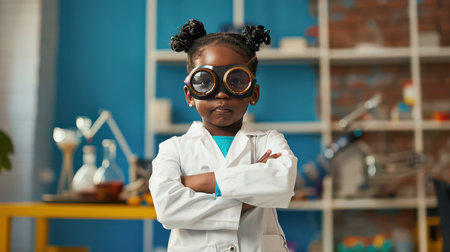 Young African American kid in scientist costumeの素材