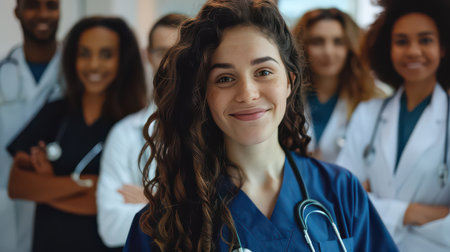 Nursing student young woman with medical teamの素材