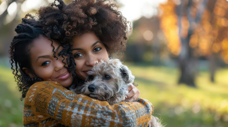 Black woman of mixed racial background cuddling with her dogの素材