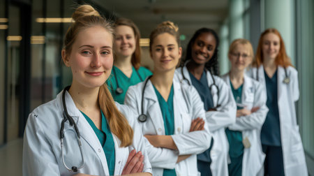 Nursing student young woman with medical teamの素材