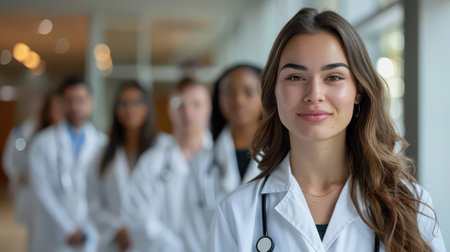 Nursing student young woman with medical teamの素材