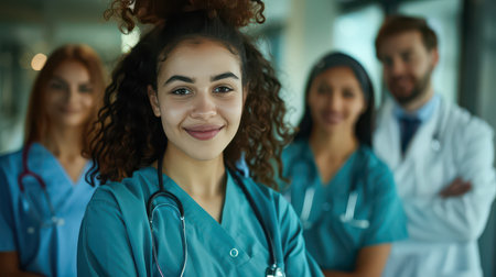 Nursing student young woman with medical teamの素材