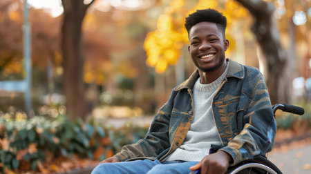 Joyful young Black disabled individual smiling happilyの素材