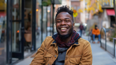 Joyful young Black disabled individual smiling happilyの素材