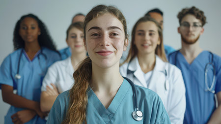 Nursing student young woman with medical teamの素材