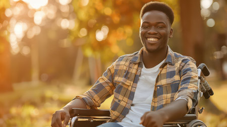 Joyful young Black disabled individual smiling happilyの素材