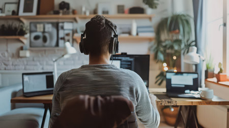 Young man working from home office remote settingの素材