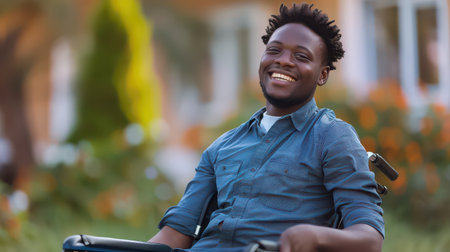 Joyful young Black disabled individual smiling happilyの素材