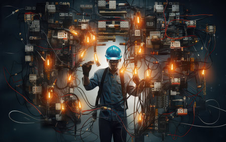 Expert electrician installing complex electrical wiringの素材
