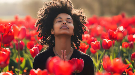 Black woman of mixed racial heritage practicing meditation in a fieldの素材