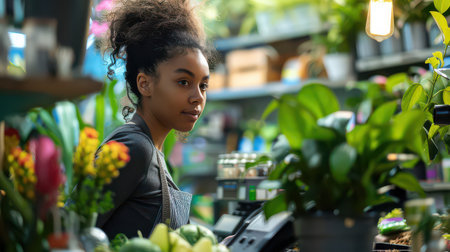 Female shop assistant of mixed racial background providing customer serviceの素材