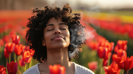 Black woman of mixed racial heritage practicing meditation in a fieldの素材