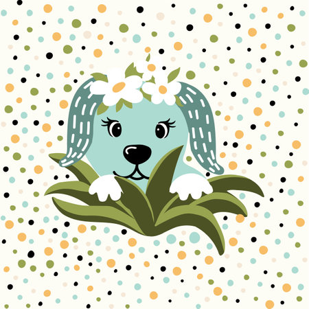 Cartoon colorfull funny cute with a dog on background dots. For printing baby textile, fabrics, design, decor, gift wrapping, paper, baby shower, greeting card, notepad, scrapbooking.のイラスト素材