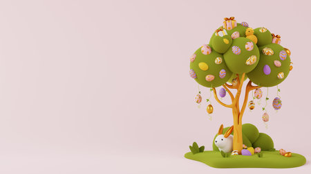 3d Holiday background Happy Easter. Tree with Easter eggs, bunny, gift boxes and chicken on a light...