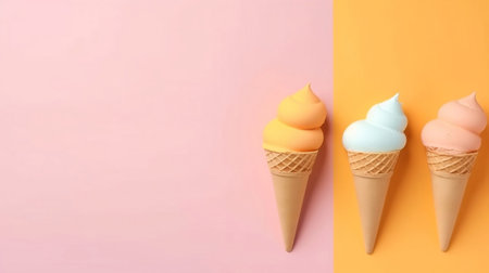 Ice cream in waffle cones on pastel background with copy spaceの素材