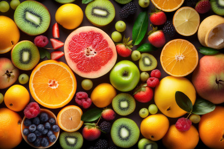 Fresh fruits background. Juicy fruits variety natural nutrition.の素材