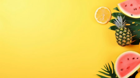 Pineapples and tropical palm leaves on background. Generated AIの素材