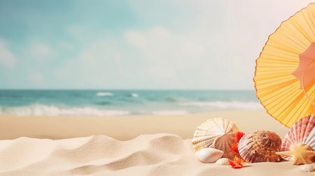 Landscape with shells on tropical beach. Generated AIの素材