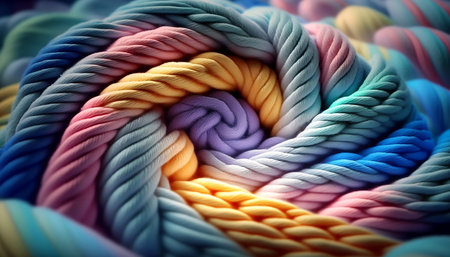 A colorful pastel yarn for knitting is shown in a close up shot. Generated AIの素材