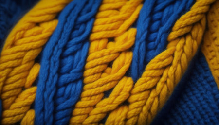 Close up a vibrant yellow and blue knitted yarn wool. Ukrainian symbol. Generated AIの素材