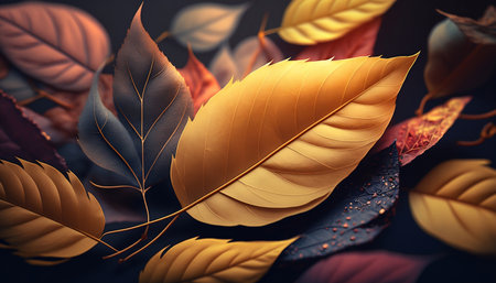 Close-up of colorful autumn leaves, full frame background. Generated AIの素材