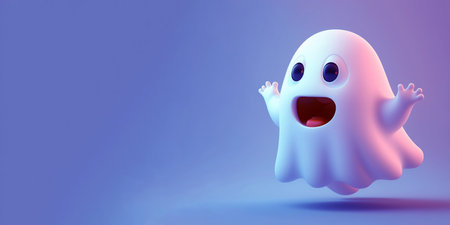 Cute cartoon white ghost with big eyes flying in the air on simple background.の素材