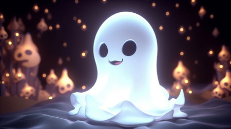 Cute cartoon white ghost with big eyes flying in the air on with twinkling lights backgroundの素材