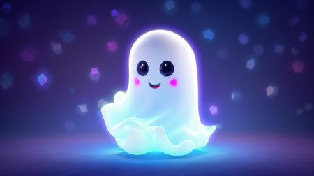 Cute cartoon white ghost with big eyes flying in the air on with twinkling lights backgroundの素材